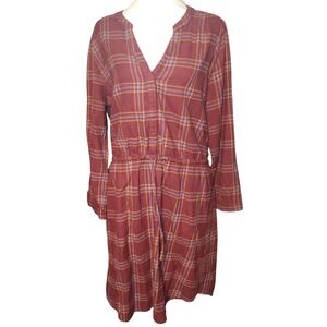 Prana Plaid Warm Shirtdress Button Front Drawstring Waist Long Sleeve Burgundy L